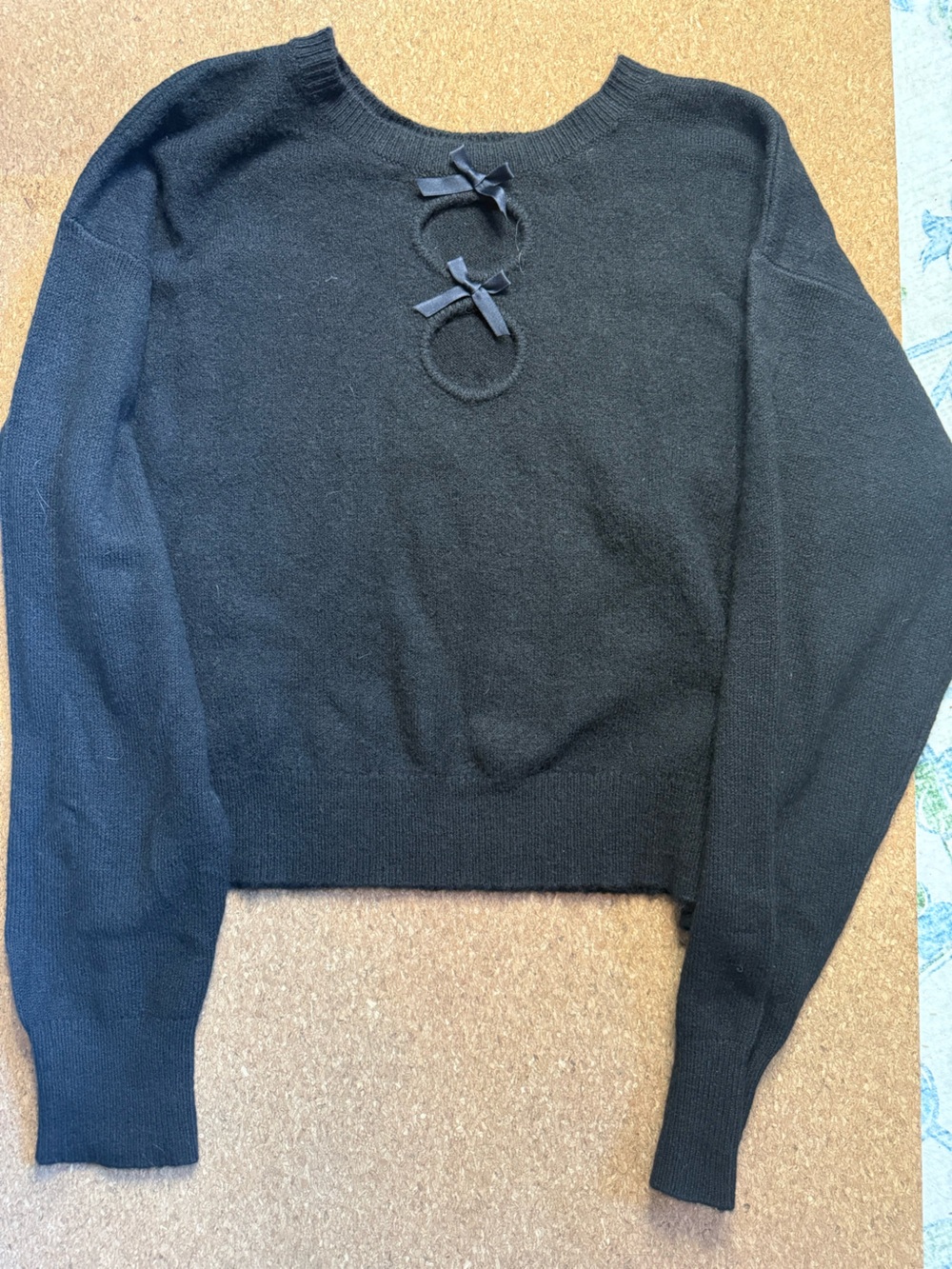 Black Crewneck Sweater with Bow Cutout Detail